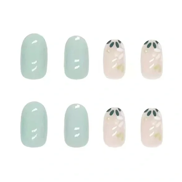 Acrylic Almond Tip Green Daisy Flower Medium Length Manicure Nails Professional - Picture 4 of 6